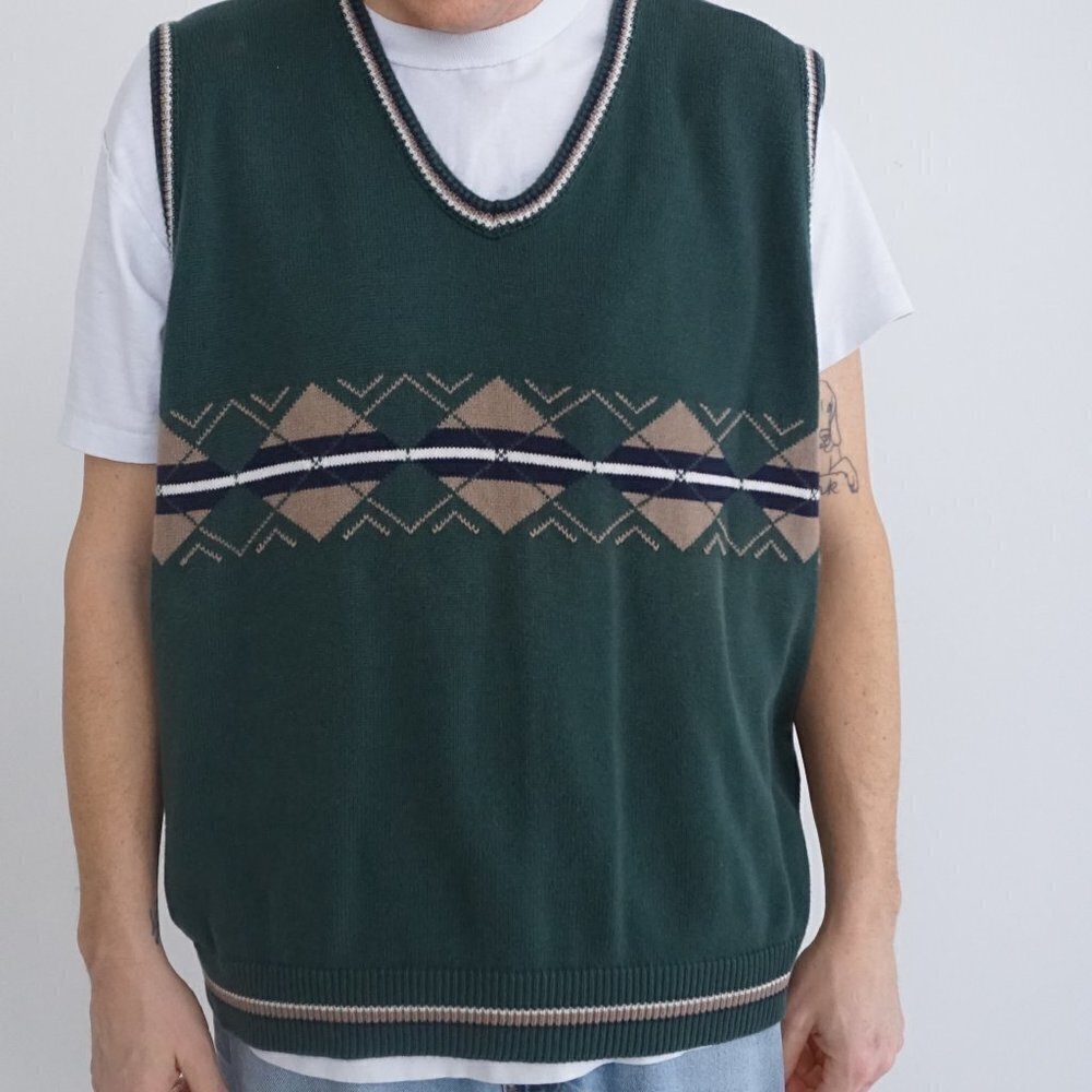 Vintage 90s Steve Strickland fairway sportswear green cotton knit v-neck Vest XL
